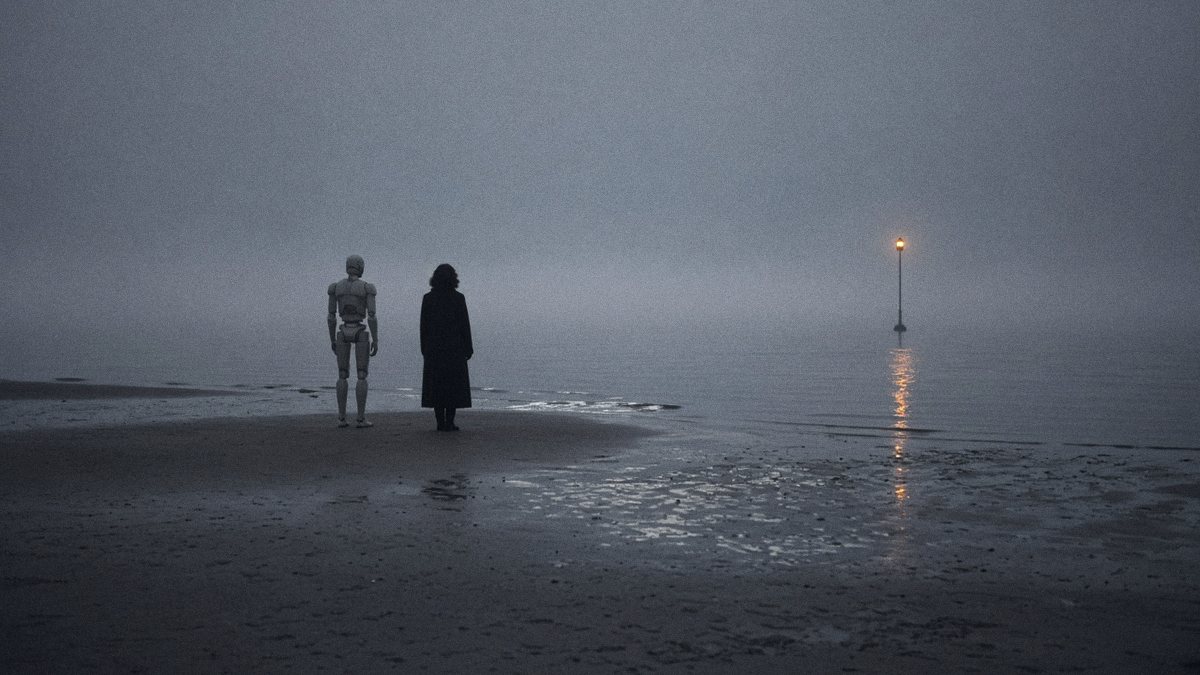 A woman and a matte grey humanoid robot stand side by side on a foggy shore at dusk, seen from behind, a single warm lamp on a mast glowing over the water to the right.