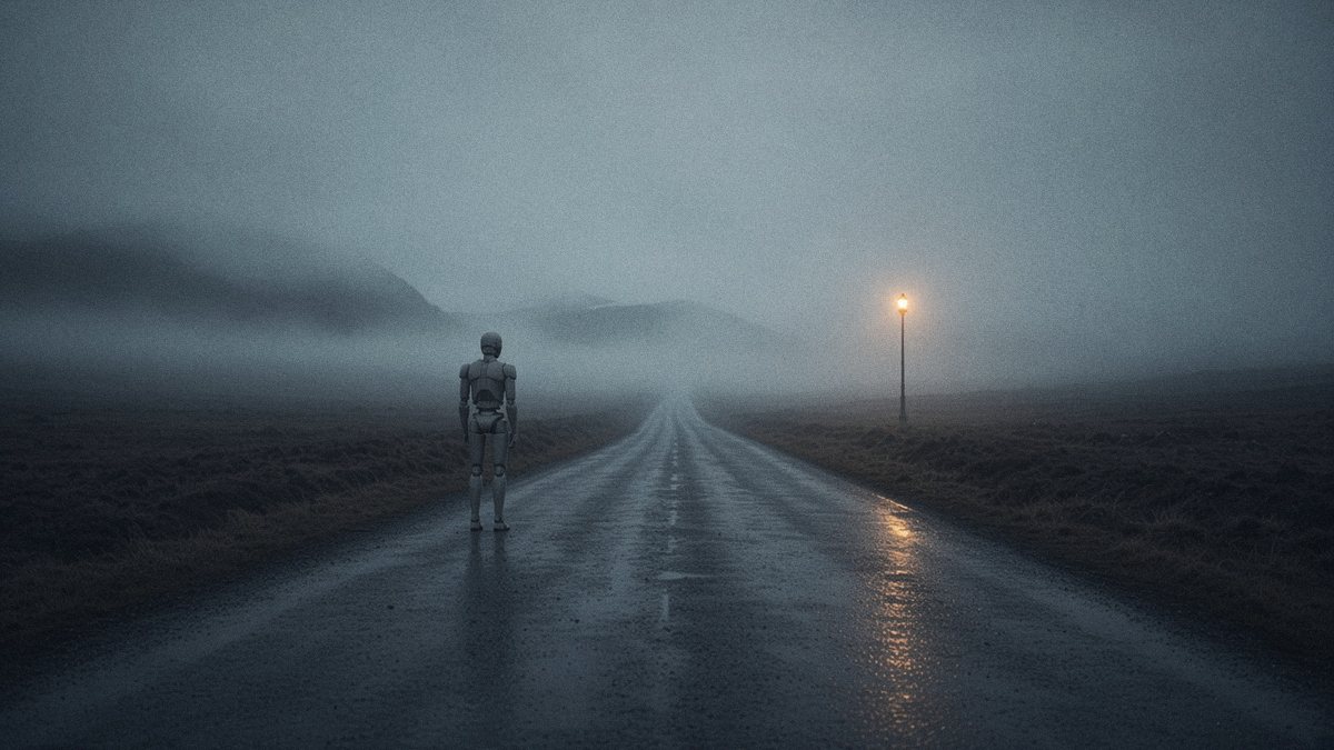 A lone humanoid robot on a wet highland road that disappears into fog, a single warm streetlamp glowing to the right.