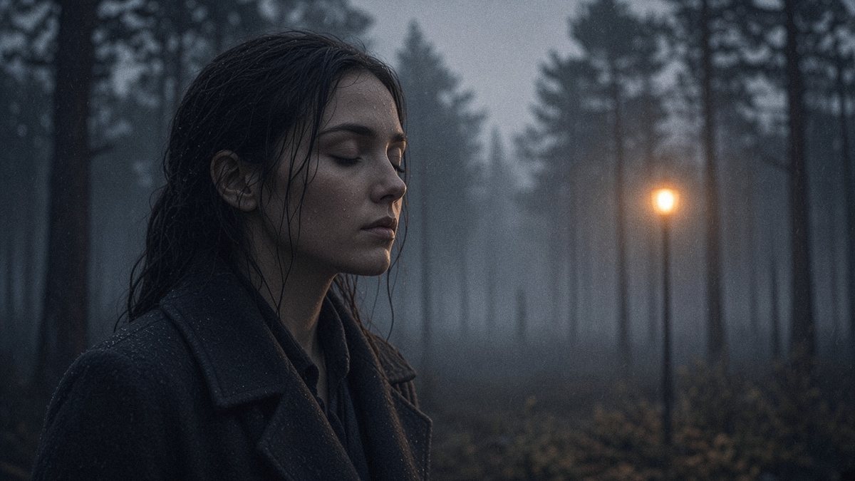 A woman with closed eyes in a foggy pine forest at dusk, a warm lantern glowing behind her.